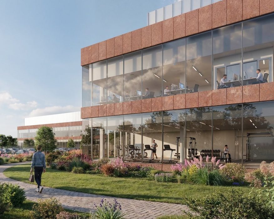 Artist impression van de kantoorruimte en sportvoorzieningen bij de toekomstige productiefaciliteit van Eli Lilly in Valkenburg | © Red Company