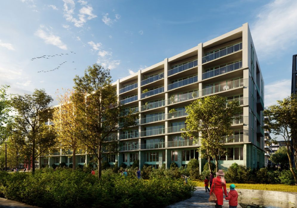 Impressie van het woongebouw met 171 sociale huurwoningen (© beeld: UrbanEngine)