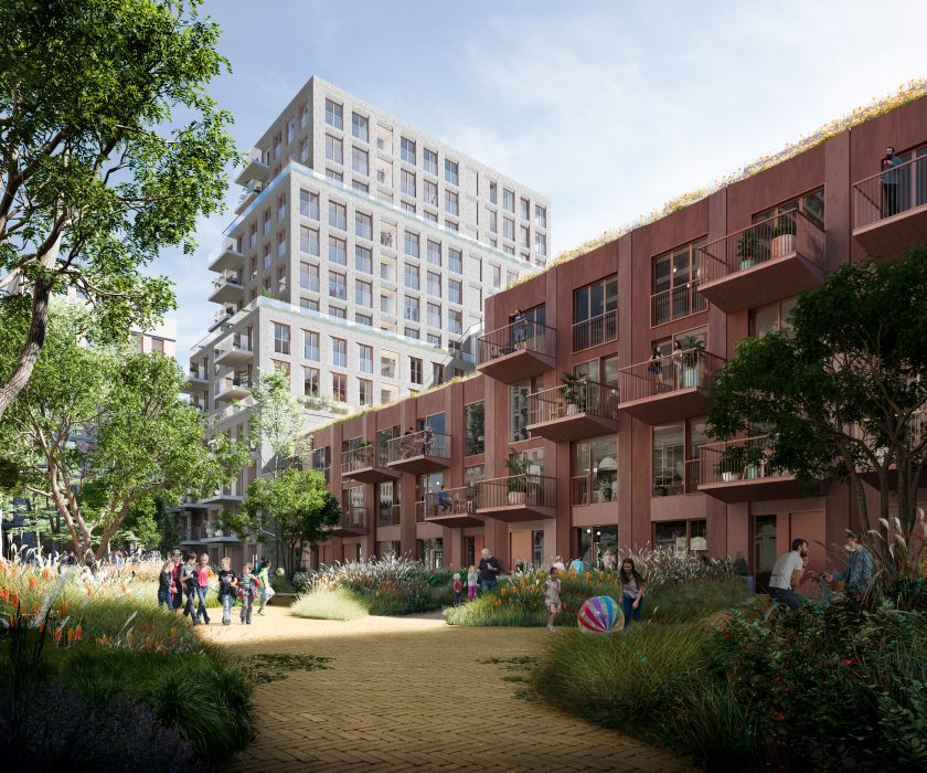 Artist's impression van de &Amsterdam-ontwikkeling in Amsterdam Zuidoost, onderdeel van het Greystar Equity Partners Europe II-fonds