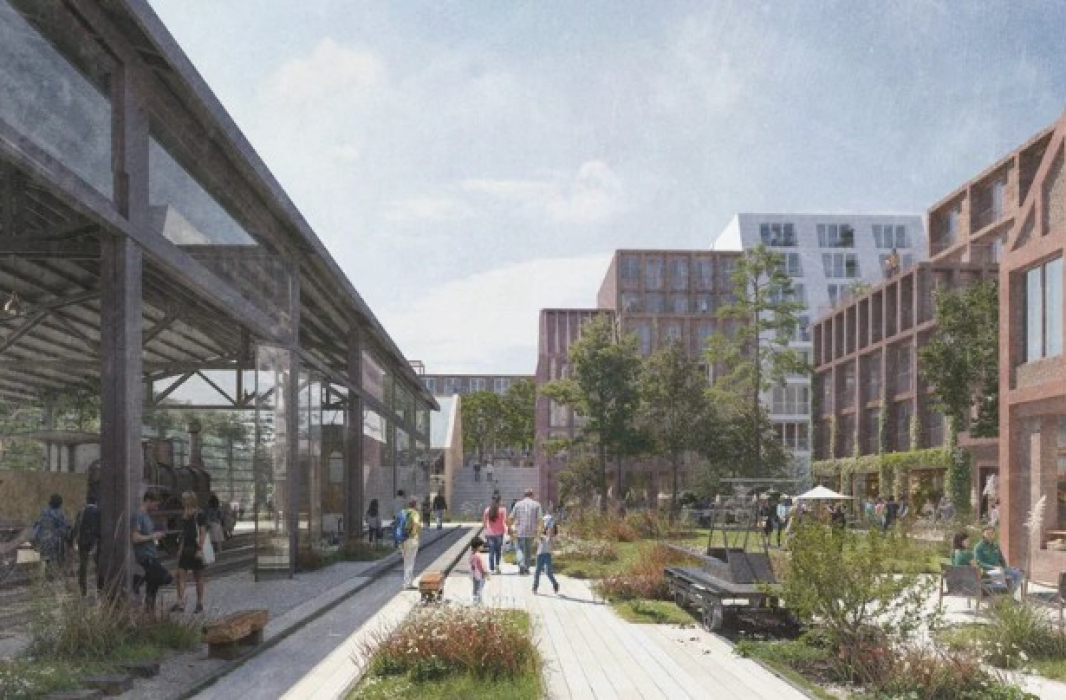 Sfeerimpressie van de stoomtrampromenade met rechts voorzieningen en woningen. © De Nieuwe Golf