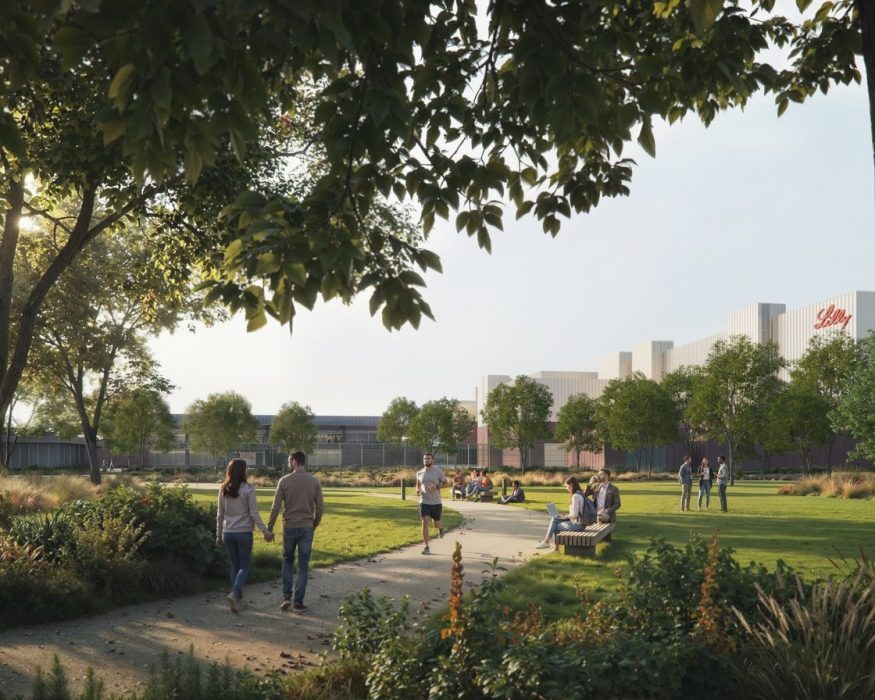Artist impression van de toekomstige productiefaciliteit van Eli Lilly in Zijlhoek-De Woerd, gezien vanuit de groene buitenruimte. | © Red Company