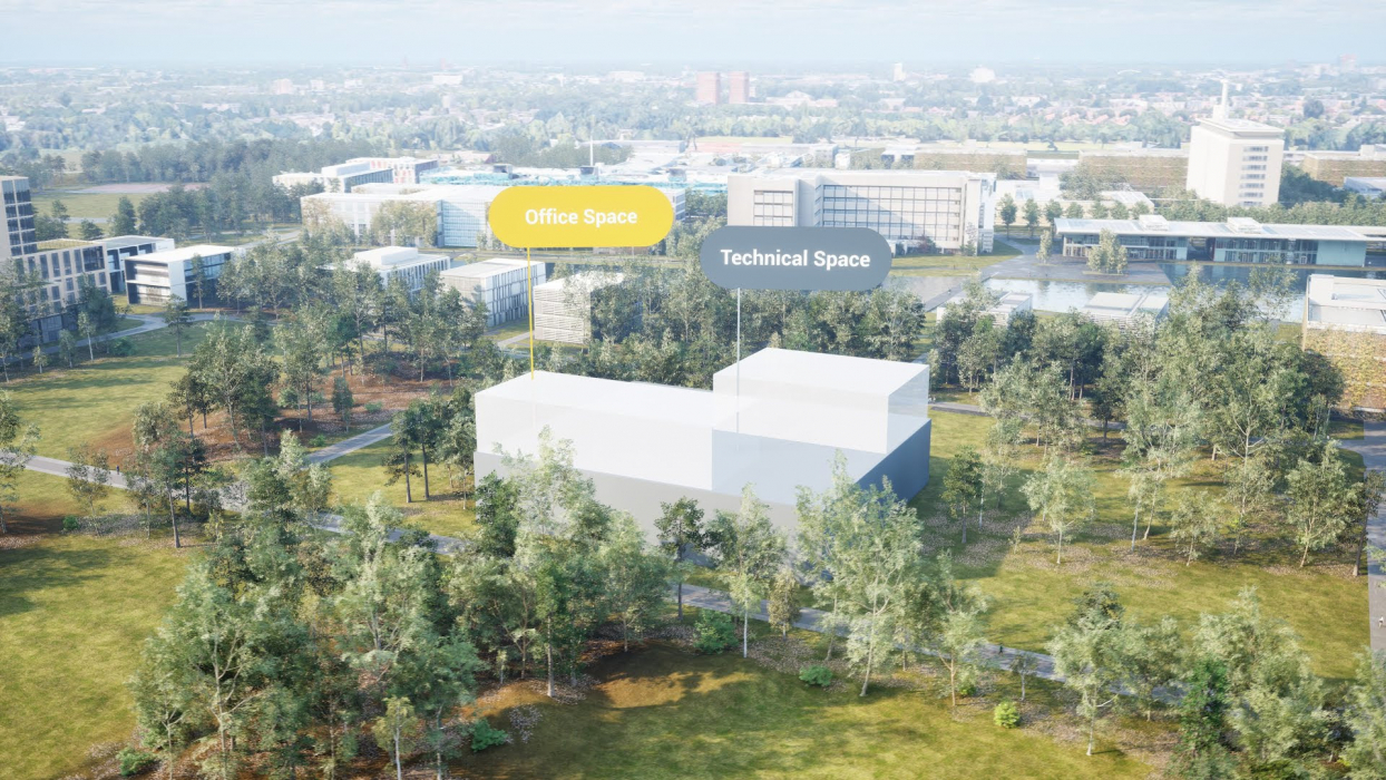 Visualisatie van één van de twee technische gebouwen aan de Zuidzijde (nu heide) van High Tech Campus Eindhoven