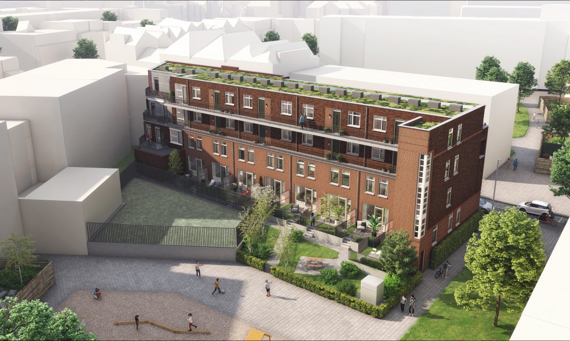 Impressie achterzijde 19 middenhuurwoningen aan de Waaldijk in Rotterdam