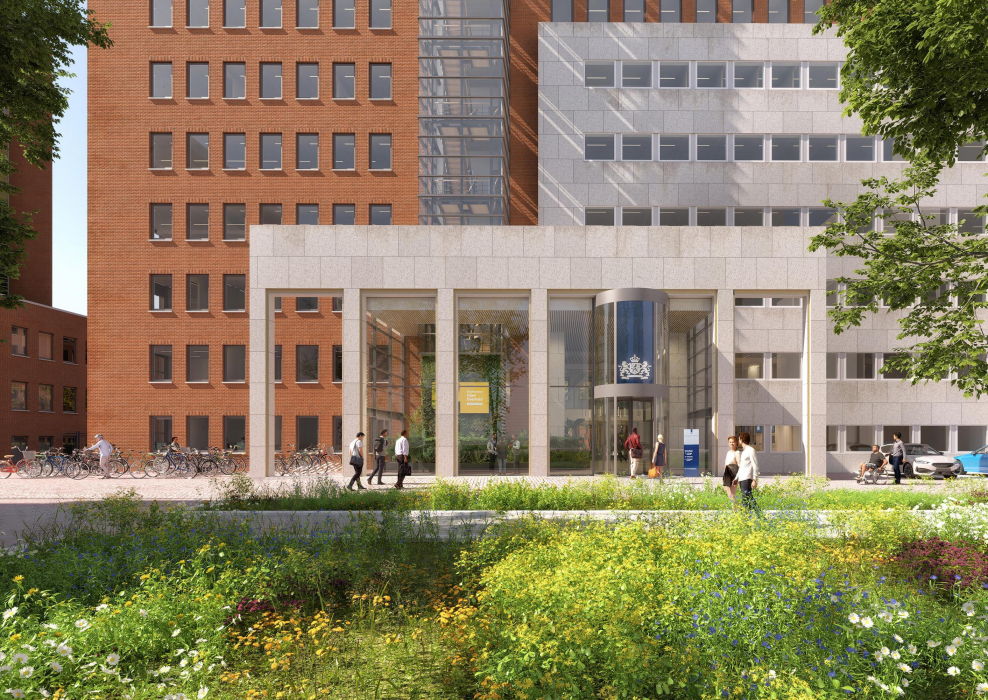 Artist impression van nieuwe pand Rijksvastgoedbedrijf aan het Maanplein in Den Haag