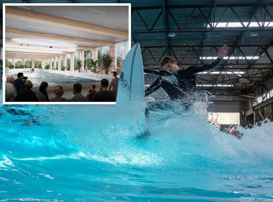 Een professionele surfer test de kunstmatige watergolven in de proefopstelling die tijdelijk in Den Haag was opgebouwd. In Nijmegen komt een verbeterde, permanente versie @Revalue Engineering/Van Wonen.