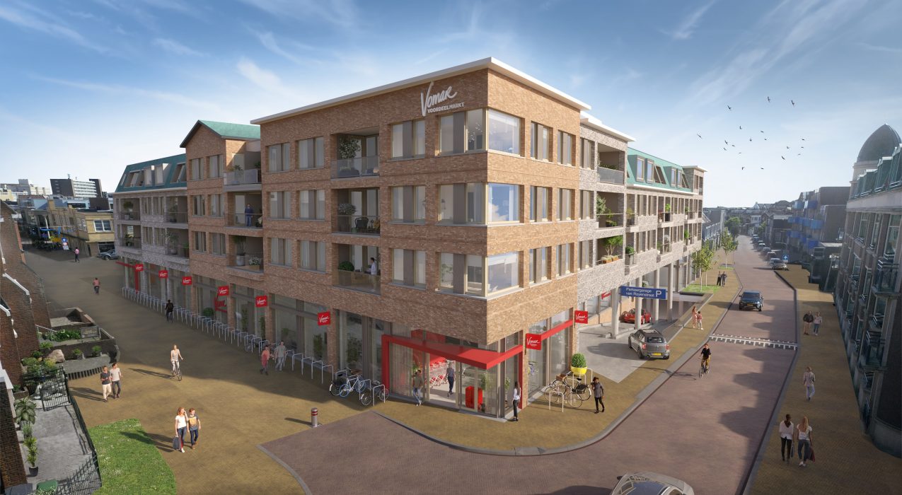 Supermarkt, woningen en parkeeroplossing, op de hoek van de Maarten Kruytstraat en de Abraham van Royenstraat